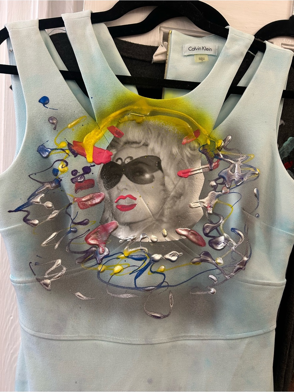 Calvin Klein Women's Light Blue Painted Graphic Tank Top dress Dolly Parton